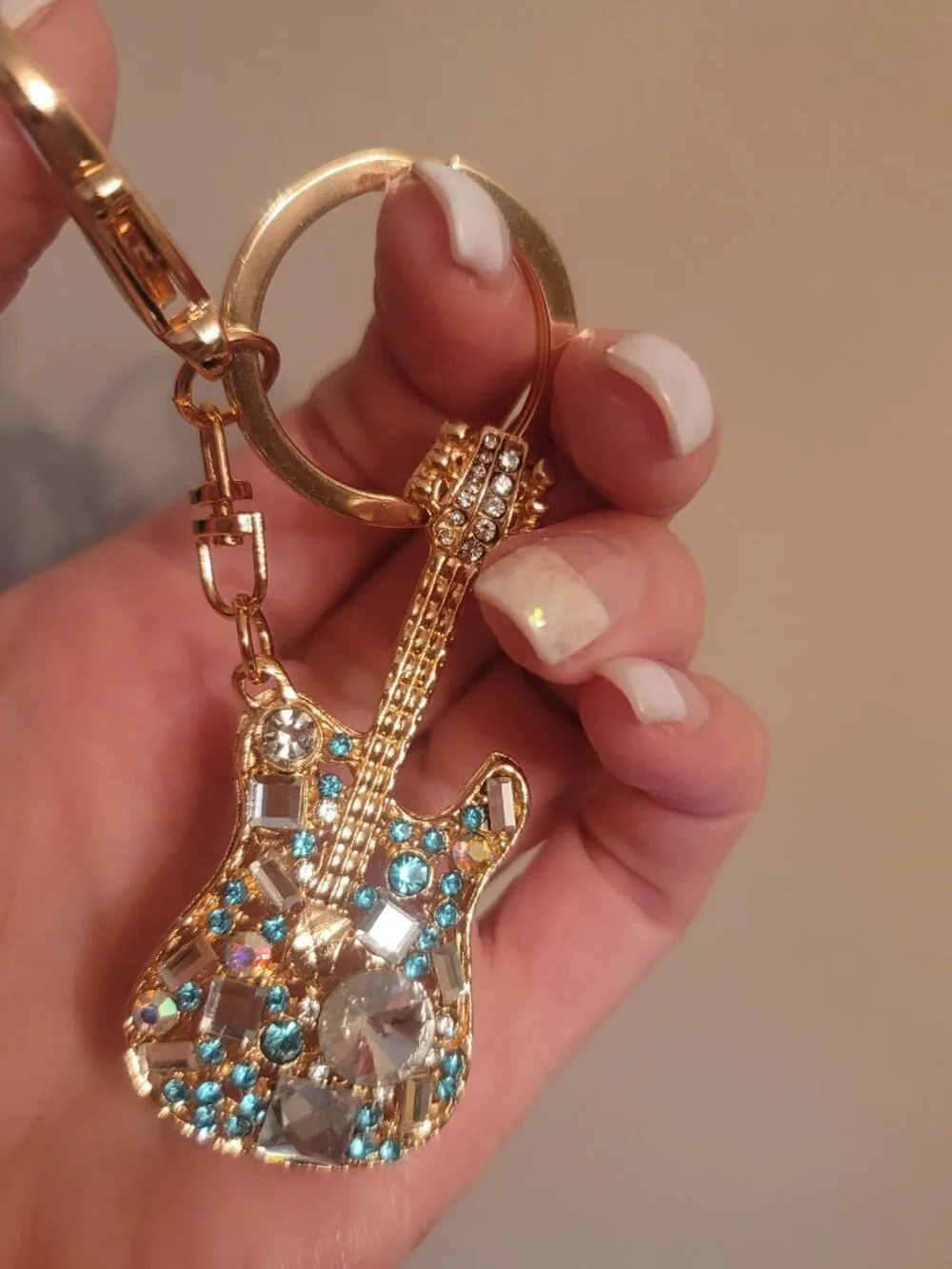 Rhinestone Keychain Ring Purse Guitar Charm. Blue. Brand new.